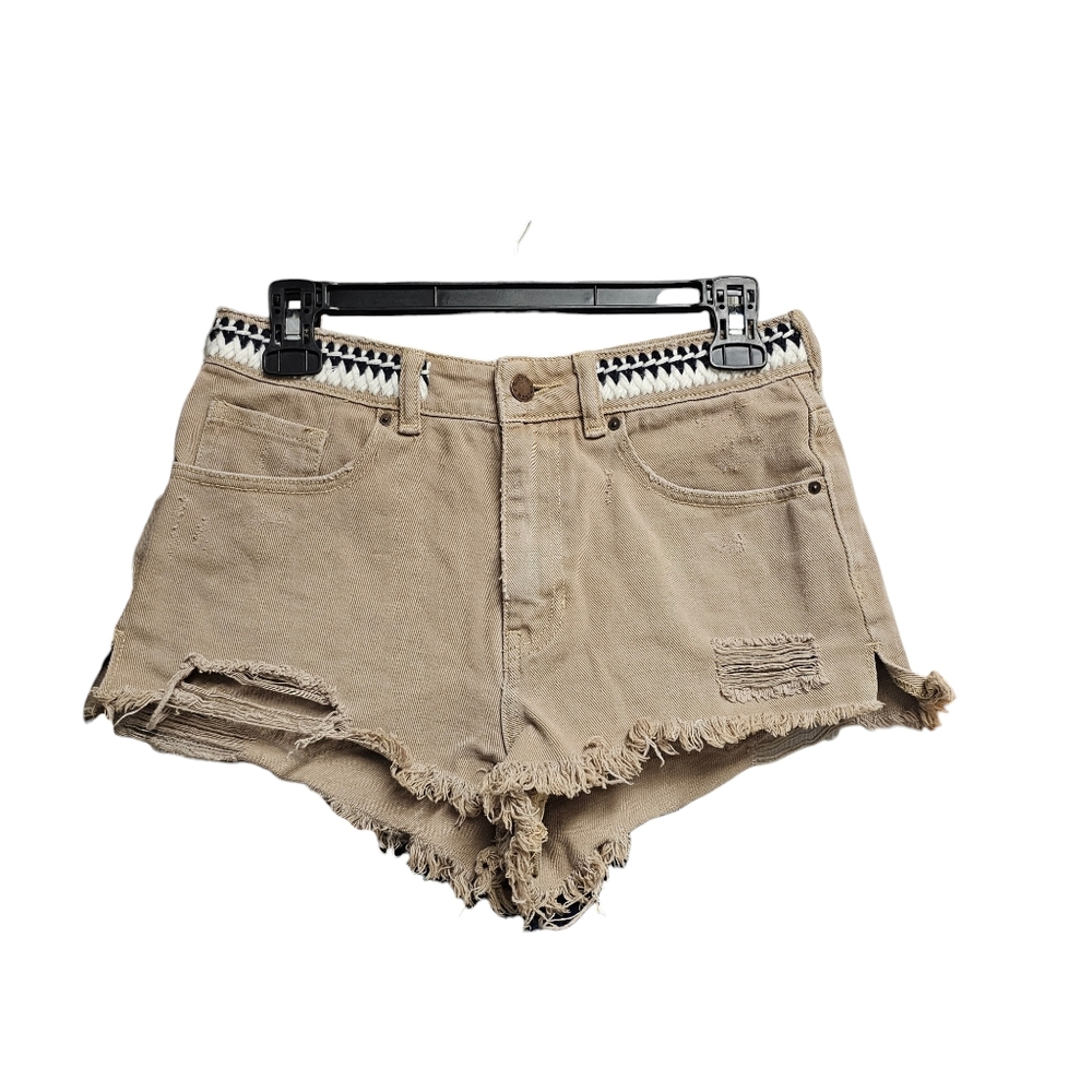 P.S. Erin Wasson Tan Beige Crochet Embroidered Jean Shorts Size 27 Distressed